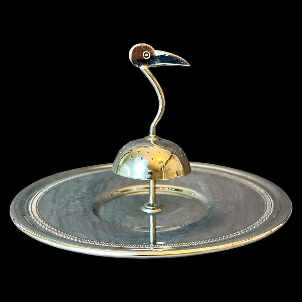 VTG Chrome Plated Flamingo Bird 3D Appetizer Tray Mid Mod 50s